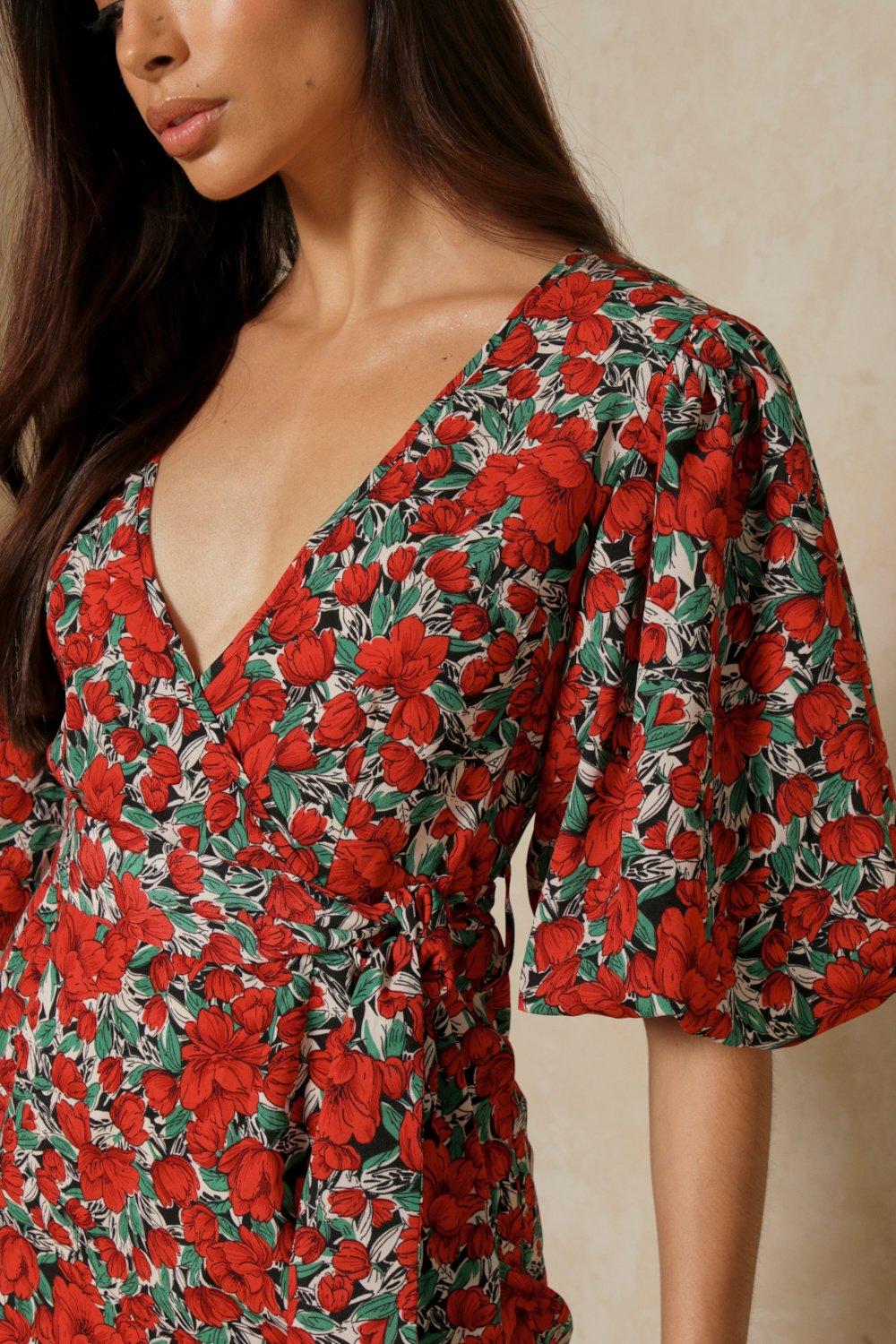 Floral Short Puff Sleeve Wrap Dress | Misspap UK